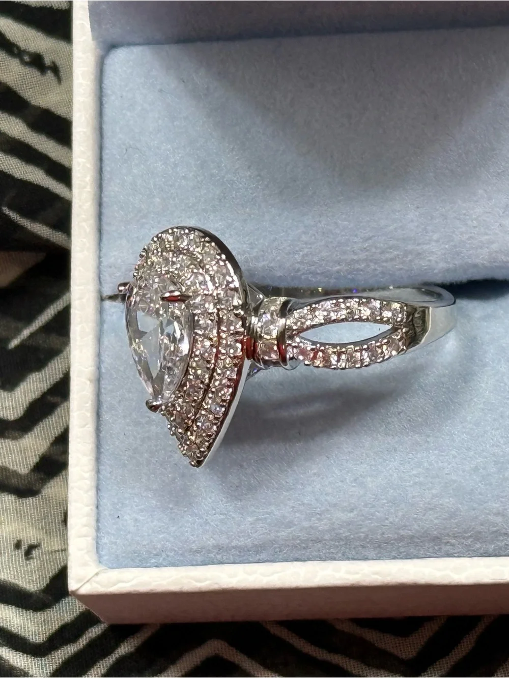 NWT-3CTW Sterling Silver double-halo pear/teardrop moissanite engagement ring